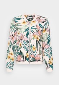 Květinová bomber bunda s krémovým pozadím, na kterém jsou růžové orchideje a žluté květy, zelené listy, zipové zapínání a žebrované manžety.