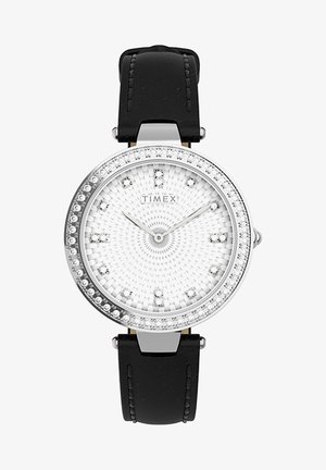 Orologio tondo in argento con quadrante bianco texturizzato, dettagli in cristallo e cinturino in pelle nera. Presenta lancette e indici delle ore in argento.