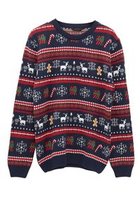 Navy blue knit sweater featuring multi-colored holiday patterns, including reindeer, snowflakes, gingerbread men, and candy canes.