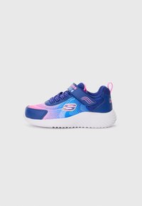 Sneaker atletiche per bambini, blu e rosa, con cinturino a strappo, tomaia in rete e suola bianca texturizzata, viste di lato.