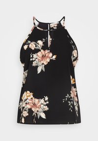 Top halter com estampado floral feito de tecido liso. Apresenta uma base preta com flores em rosa e creme, um decote em forma de olho-chave e alças finas.