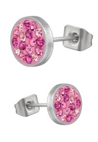 Orecchini a bottone in cristallo rosa con una montatura circolare in argento, caratterizzati da diverse sfumature di cristalli rosa su uno sfondo rosa.