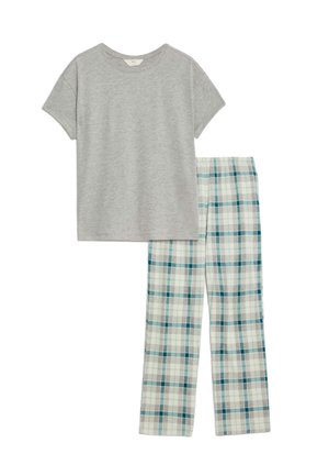 Gray short-sleeve cotton T-shirt paired with white and teal plaid pajama pants. Pants feature an elastic waistband and a loose fit.