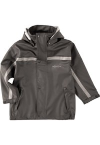 Dunkelgraue Regenjacke mit reflektierenden silbernen Streifen, vorderen Druckknopfverschlüssen, elastischen Bündchen und Kapuze. Verfügt über zwei seitliche Taschen.