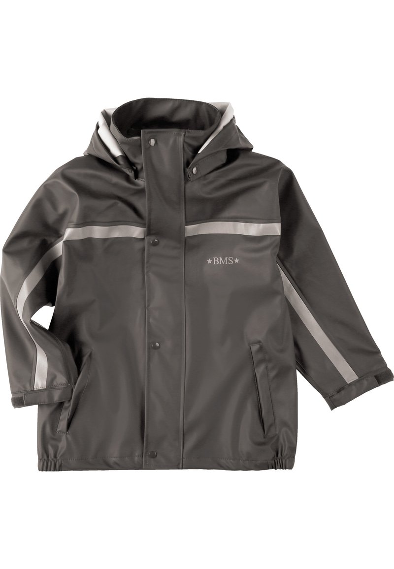 Dunkelgraue Regenjacke mit reflektierenden silbernen Streifen, vorderen Druckknopfverschlüssen, elastischen Bündchen und Kapuze. Verfügt über zwei seitliche Taschen.