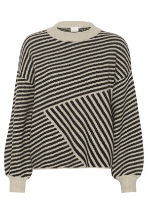 Pull rayé noir et crème avec un col rond et des manches bouffantes. Présente des angles de rayures variés et une texture en maille douce.