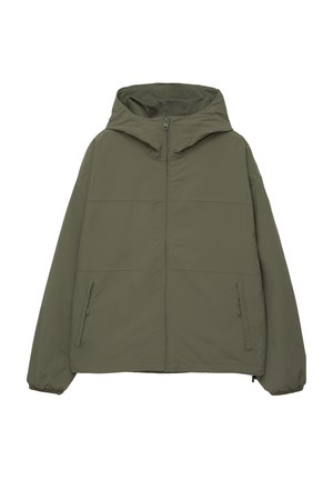 Grüne, zippered Jacke mit Kapuze, zwei seitlichen Taschen und elastischen Bündchen. Hergestellt aus glattem, leichtem Material; rechteckiges Paneeldesign.
