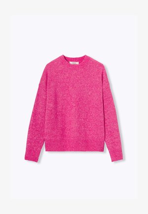 Pull surdimensionné fuchsia avec un col rond, une base côtelée et une finition texturée. Manches longues avec épaules tombantes, fabriqué en matériau doux.