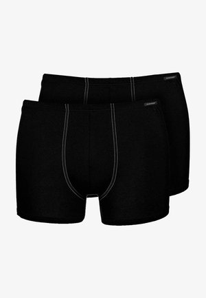 Black cotton boxer briefs with a snug fit, featuring contrasting white stitching details and a branded waistband. Two-pack set.