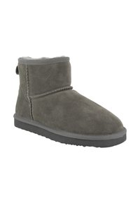 Stivaletto in suede grigio con morbido rivestimento in pelliccia, punta rotonda e suola piatta in gomma. Presenta cuciture lungo la cucitura e un'anima sul retro per il sollevamento.