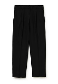 Černé kalhoty rovného střihu se záhyby v přední části, vyrobené z tkané látky. Obsahují poutka na pásek a zapínání na knoflík. Hladká textura.