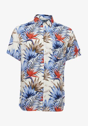 Kortærmet, knap-op skjorte med hvidt stof og livlige blå, røde og brune tropiske bladmønstre. Inkluderer en brystlomme.