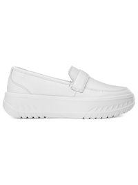 White leather loafer with thick textured sole and moccasin-style stitching along the toe and sides, viewed from the outer side.