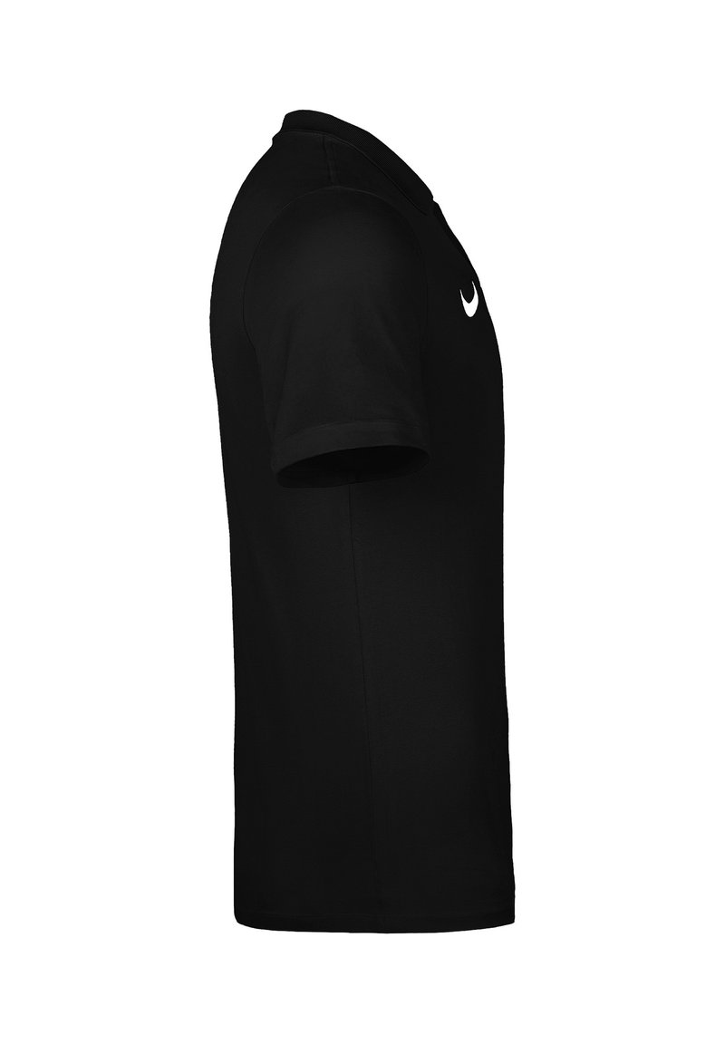 Black short-sleeve polo shirt with a collar and a white Nike swoosh logo on the chest, shown from the side.
