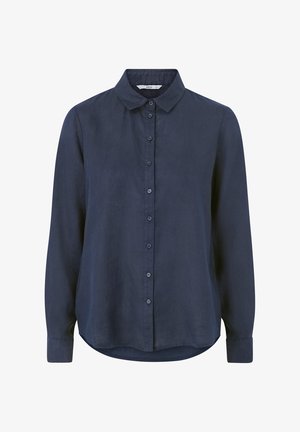 Długa, ciemnoniebieska koszula na guziki z kołnierzykiem, mankietami z przodu i lekko zakrzywionym dołem.