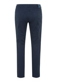 Dunkelmarineblaue Baumwollhosen mit glatter Oberfläche, ausgestattet mit zwei Gesäßtaschen und einem geraden Bein design.