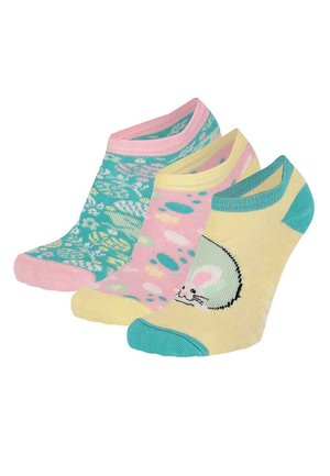 Three pairs of low-cut socks with colorful patterns; one yellow with a mouse, one pink with abstract shapes, and one teal with floral designs.