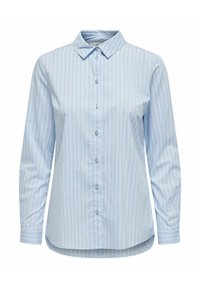 Light blue shirt with vertical stripes, long sleeves, and a button-down collar. Features a curved hem and buttons along the front.