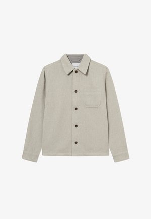 Lys grå corduroyjakke med krave, brune knapper, en enkelt brystlomme og lige snit.