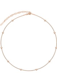 Collana a catena in oro rosa con piccole perline rotonde, design elegante, texture delicata e chiusura a morsetto con prolunga regolabile.