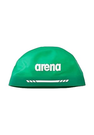 Green swim cap with white "arena" logo and decorative white stripes below the text on a plain background.