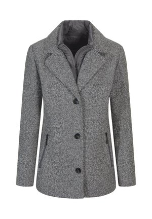 Grijze herringbone wollen jas met zwarte knopen, ritszijzakken en een innerlijke gewatteerde ritskraag.