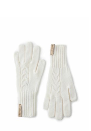 Gants en tricot blanc avec un motif de câble texturé au centre, des poignets côtes et une étiquette de logo sur un poignet.