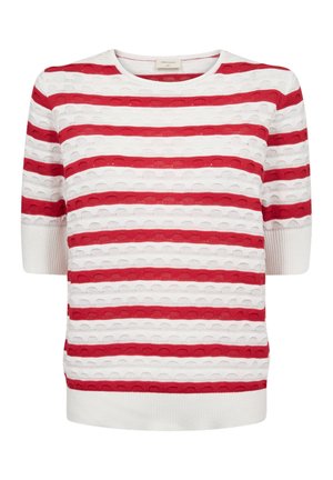 Gebreide top met korte mouwen, afwisselend rode en witte horizontale strepen en textuur met cirkelvormige patronen.