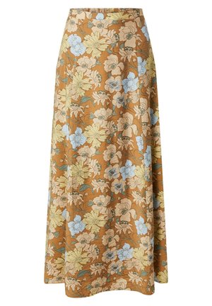 Jupe évasée à fleurs jaunes, beiges et bleu clair sur fond marron, avec des feuilles et des tiges vertes.