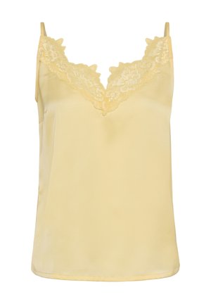 Gelbes Satin-Camisole mit floraler Spitzenverzierung entlang des V-Ausschnitts und dünnen Schulterträgern.