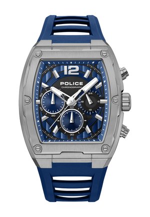 Orologio cronografo Police blu e argento con quadrante rettangolare, tre subquadranti, lancette luminose e cinturino in gomma blu.