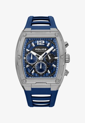Blau-silberne Police-Chronograph-Armbanduhr mit rechteckigem Zifferblatt, drei Hilfszifferblättern, leuchtenden Zeigern und einem blauen Kautschukarmband.