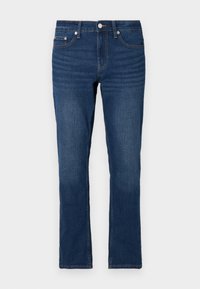 Dark blue denim jeans with a straight cut, featuring a zip fly and button closure. Visible stitching details along the seams.