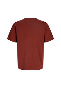 Μπορντό βαμβακερό t-shirt με κοντά μανίκια, στρογγυλή λαιμόκοψη και ίσια γραμμή. Το ύφασμα είναι λείο με μονόχρωμο σχέδιο χωρίς μοτίβα.