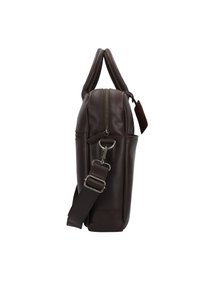 Braune Lederhandtasche mit rechteckiger Form. Verfügt über doppelte Henkeln, einen abnehmbaren Schultergurt, einen Reißverschluss und eine Seitentasche.