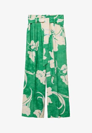 Green wide-leg trousers with a floral white pattern, featuring a belted high waist and soft texture, designed for comfort and movement.