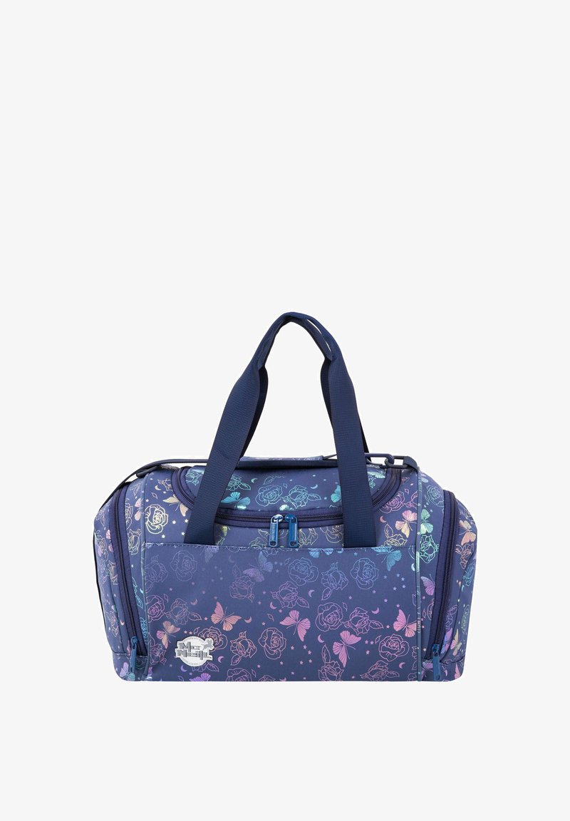 Navy duffel bag with floral and butterfly pattern, made from durable fabric. Features dual handles and a zippered closure.