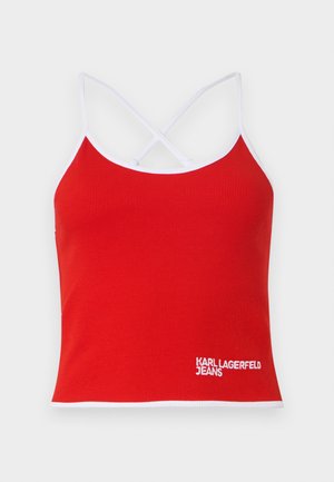 Czerwony, żebrowany top na ramiączkach z białymi wykończeniami i krzyżującymi się ramiączkami, z białym haftowanym logo "KARL LAGERFELD JEANS" z przodu.