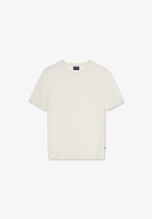 Schlichtes weißes T-Shirt mit kurzen Ärmeln und Rundhalsausschnitt, flach ausgelegt, aus glattem Baumwollstoff, mit kleinem Markenlabel auf der Innenseite des Kragens.