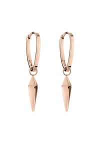 Roséguldörhängen med en triangulär hängande pendel från en slank hoop. Designen har en polerad yta och en mjuk textur.