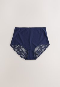 Navy blue high-waisted women's underwear with floral lace trim on leg openings and small bow detail at the center front waistband.