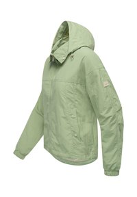 Light green, lightweight jacket with a hood; features side pockets, elastic cuffs, and a zipper front closure. Smooth, textured fabric.