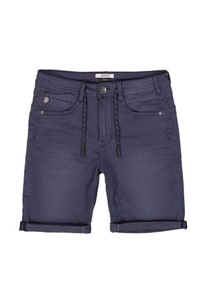 Marineblaue Stretch-Denim-Shorts mit umgeschlagenen Säumen, ausgestattet mit einem Knopfverschluss, Gürtelschlaufen und Fronttaschen. Strukturiertes Gewebe mit sichtbaren Nähten.