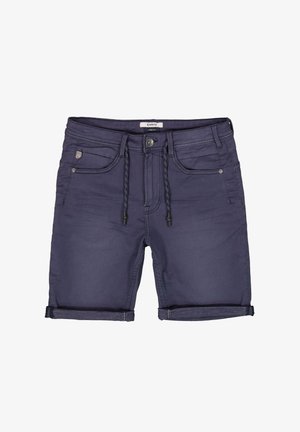 Marineblaue Stretch-Denim-Shorts mit umgeschlagenen Säumen, ausgestattet mit einem Knopfverschluss, Gürtelschlaufen und Fronttaschen. Strukturiertes Gewebe mit sichtbaren Nähten.