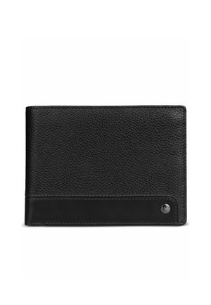 Black textured leather bifold wallet with smooth leather strip and small circular metal emblem on lower right corner.