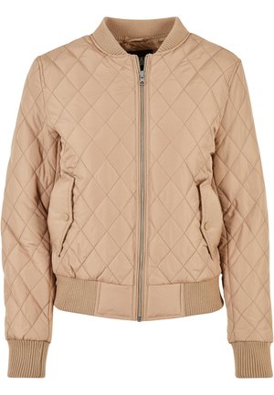 Giubbotto bomber trapuntato beige con zip frontale, colletto e polsini a costine, e tasche laterali chiuse con bottoni a pressione. Tessuto liscio.