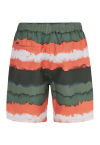 Heren zwemshorts met een elastische tailleband, een meerkleurig streeppatroon in oranje, groen en wit, en een achterzakdetail.
