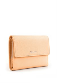 Tan textured leather wallet with a flap closure, featuring a silver Tamaris logo on the front and a structured rectangular shape.