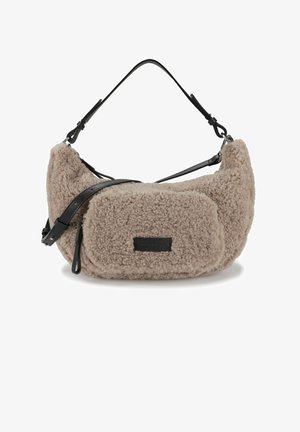 Brown faux-shearling shoulder bag with a black leather strap and zipper closure. Features a rectangular pocket and soft, textured body.