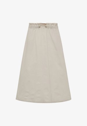 Gonna beige di media lunghezza realizzata in tessuto liscio, con un elastico in vita e chiusura con coulisse, dal taglio dritto.